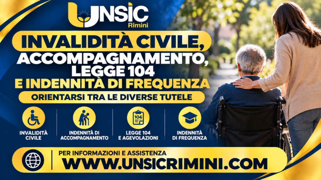 Invalidità civile, accompagnamento, Legge 104 e indennità di frequenza: UNSIC Rimini ti aiuta a orientarti tra domande e tutele. | UNSIC Rimini Riccione Cattolica Bellaria Cesenatico Cesena | Patronato e CAF Imprese Privati